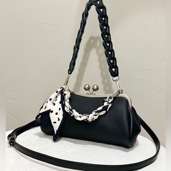 Black Togo Cowhide Leather Handmade Kisslock Baguette Bag With 3 Strap Styles - Picture 5 of 16